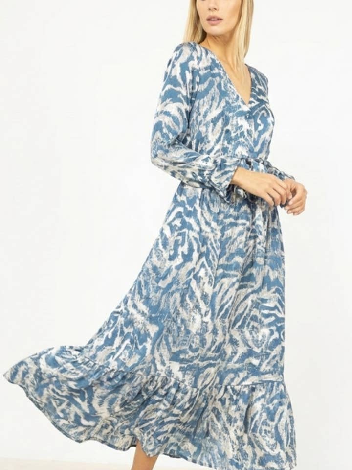 14233 blå lange kjoler med print for engroshandel hos Lilie Rose