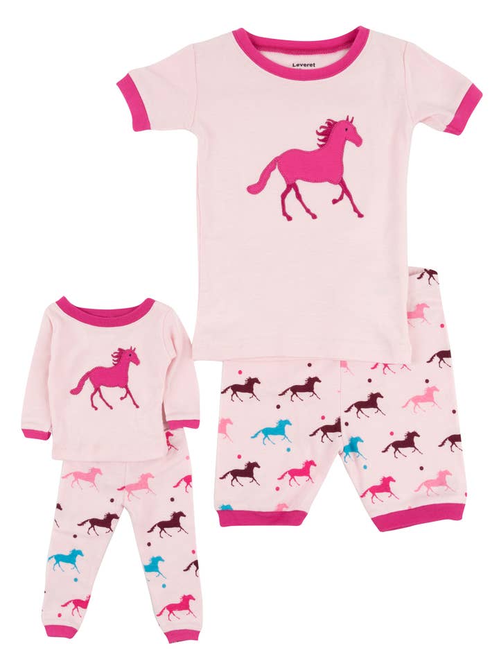 Pijama de caballo corto de algodón a juego para niñas y muñecas para venta al por mayor de Leveret Pajamas