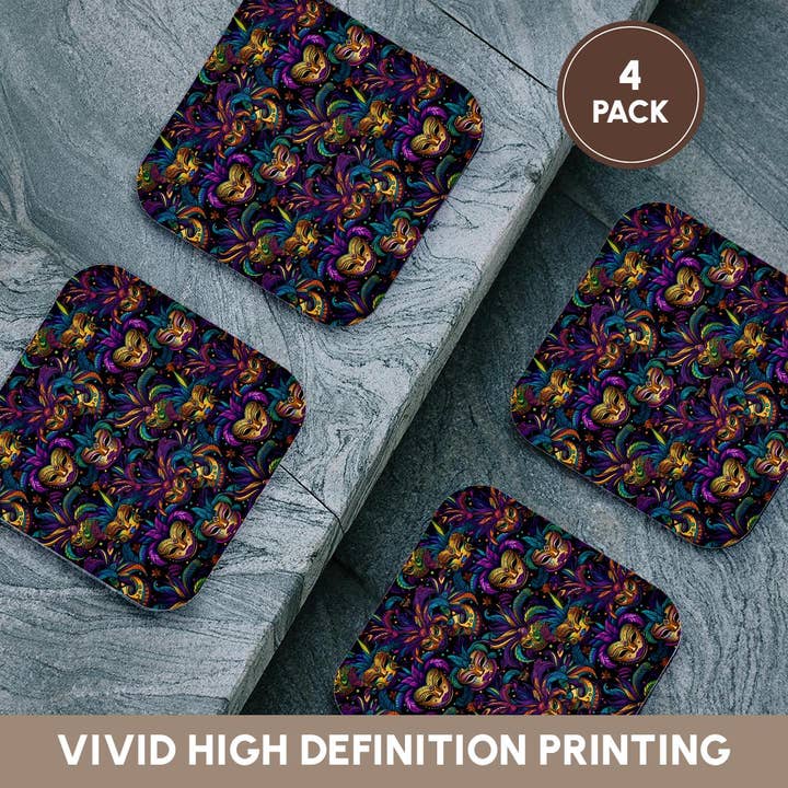 3dRose - Wholesale Coffee mug - 3dRose, Pattern of Oriental Mardi Gras masks of yellow color, purple feathers, Coaster12