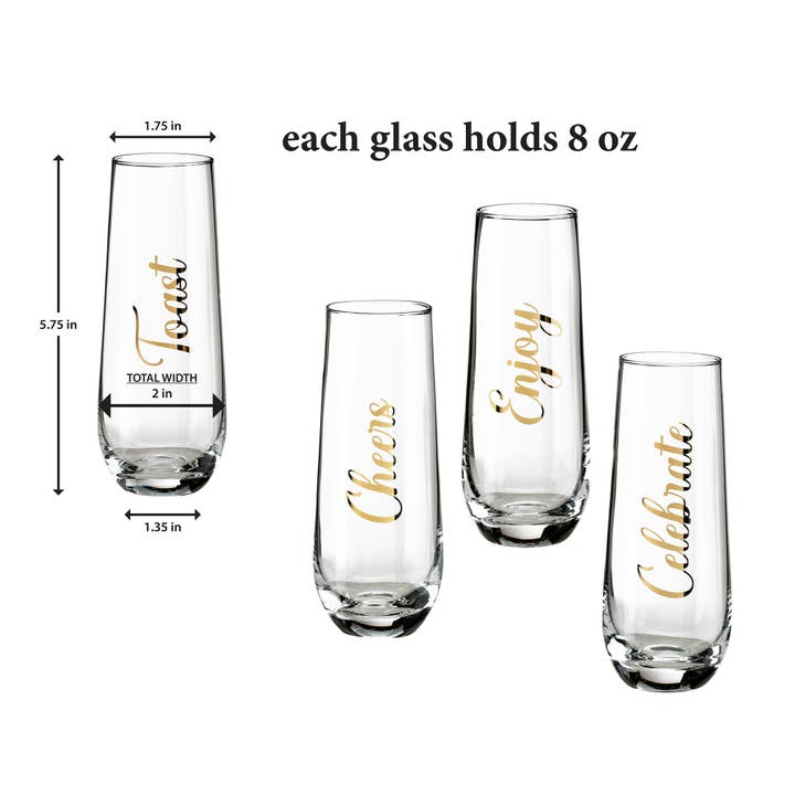 Lillian Rose – wholesale Champagne flute – Lillian Rose 4 Stemless Champagne Glasses-Celebration saying2