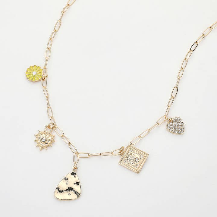 Enamel Flower Stone Paved Heart Hammered Metal Charm Station Paperclip Chain Necklace for wholesale by Sensibling Corp.