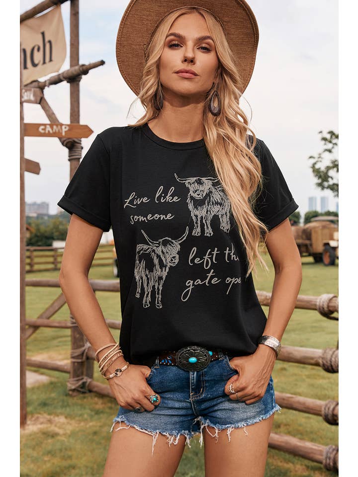 As shown Fashion-W Western Cow Print Round Neck Casual Tee for wholesale on Faire
