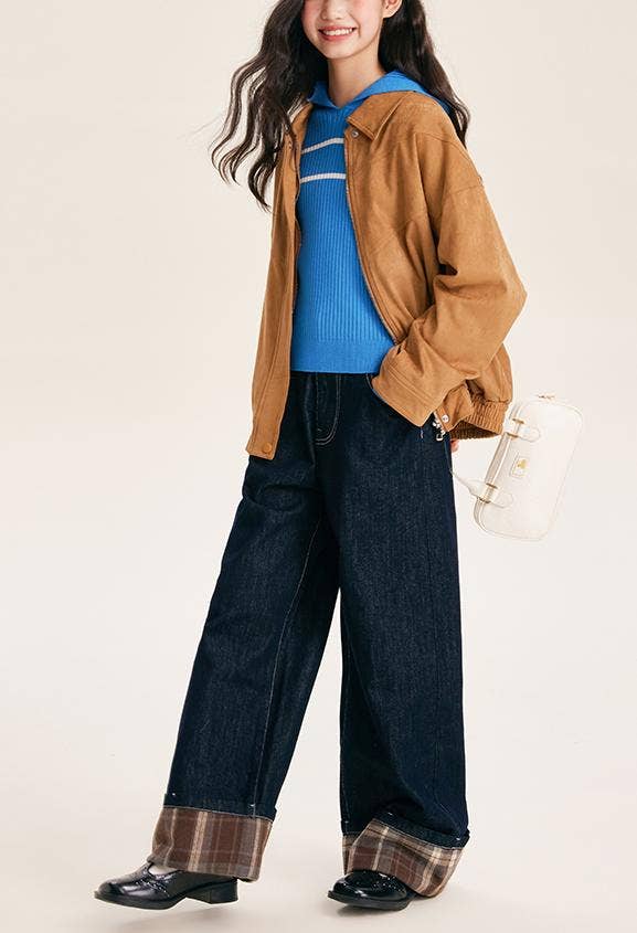 Blu Jeans a zampa casual a quadri per ragazze. in vendita all'ingrosso su Faire12