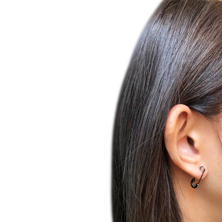 Black Small Heart Safety Pin Earrings for wholesale on Faire3