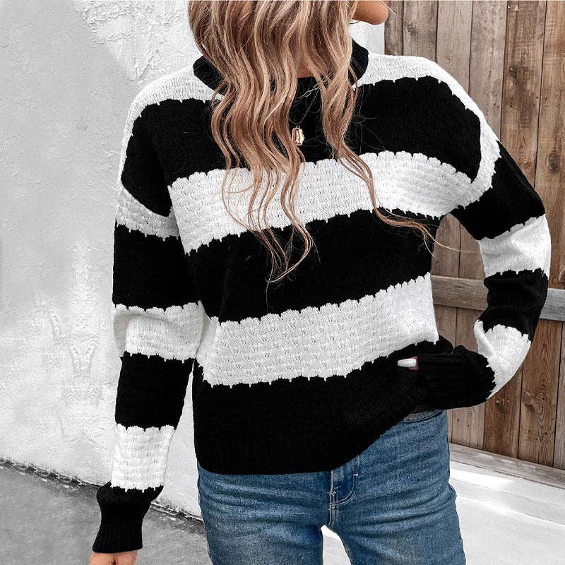 Crew Neck Black And White Striped Knit Pullover for wholesale on Faire2