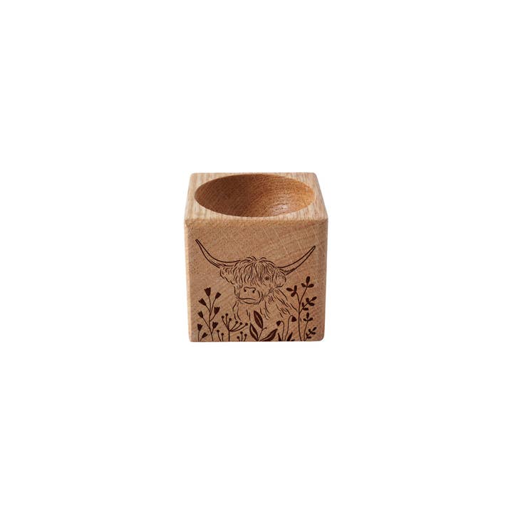 CGB Giftware - Wholesale Egg cup/holder - Bramble Farm 'Highland Cow' Oak Egg Cup In Gift Box1