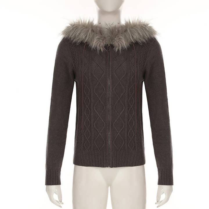 BROWN VINTAGE TWIST ZIPPER FUR HOODED CARDIGAN COAT for wholesale on Faire3