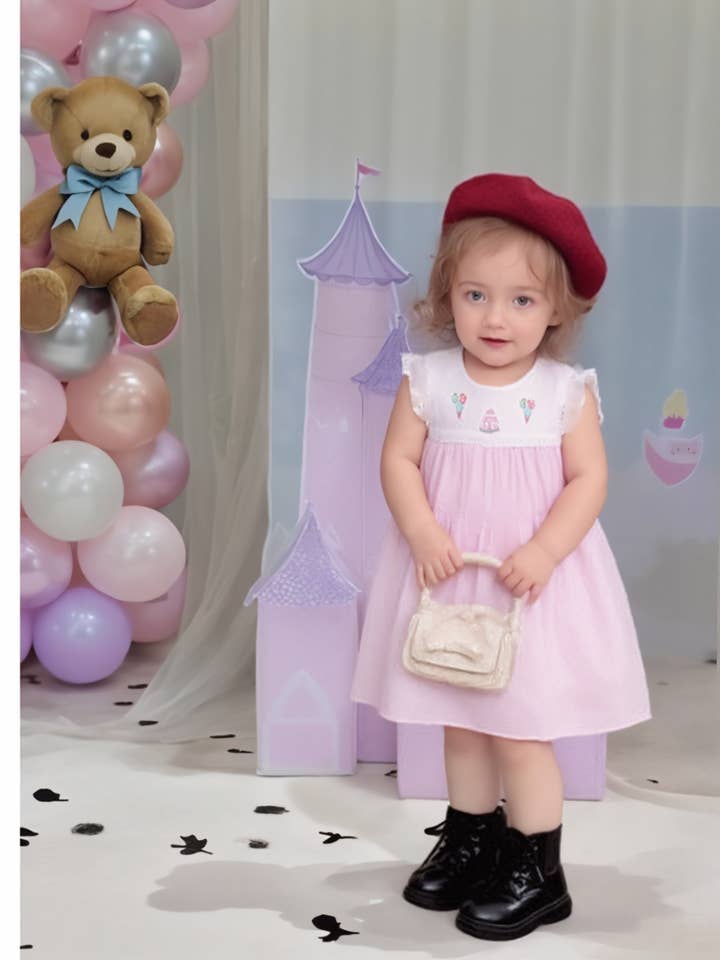 Pink Birthday Cake & Balloons Hand Embroidered Dress for wholesale by Hello Bebes!