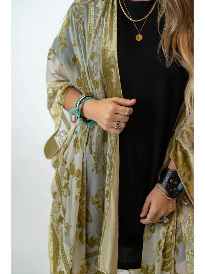 Three Bird Nest - Vente Kimono – femme - Favori d'hiver : Kimono en velours Crushin' On You - Olive1