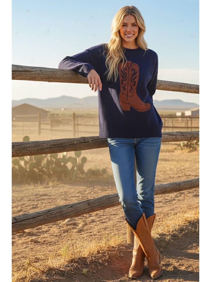 NAVY Cowboy Boot Knit Sweater for wholesale on Faire1