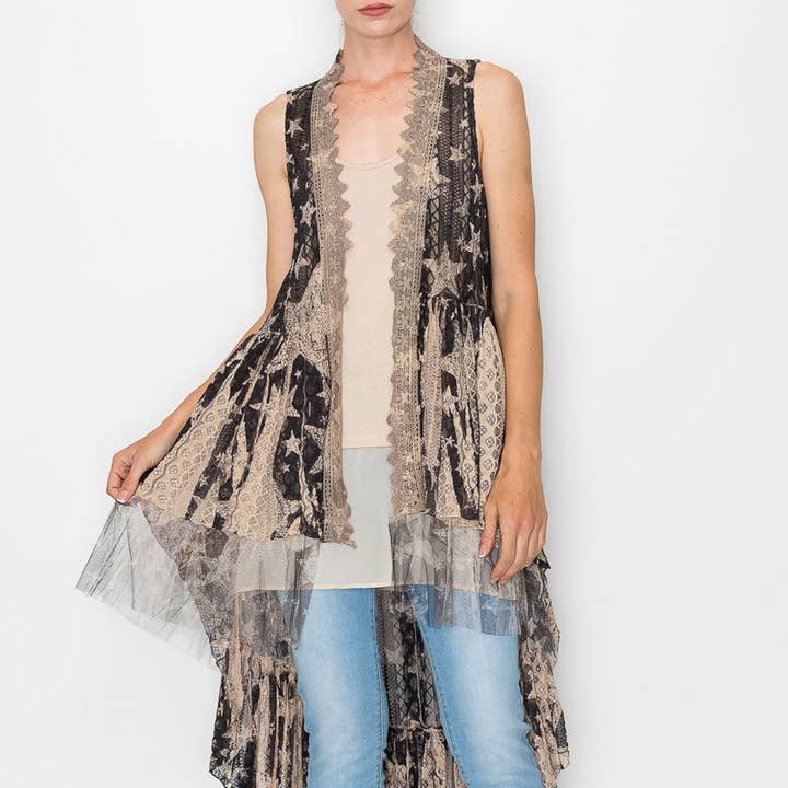 BOHEMIAN ALLE BLONDER HI LOW VEST-U013 TAUPE/BK STJERNE for engroshandel hos Origami Apparel ~ Lace and Crochet inspired