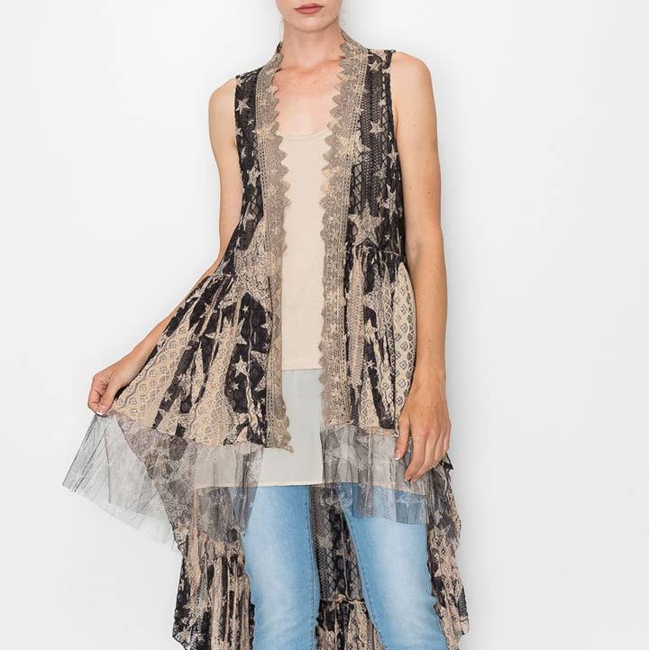 Flowy High-Low Lace Boho Duster Vest-U013 TAUPE/BK STAR for wholesale by Origami Apparel ~ Lace and Crochet inspired