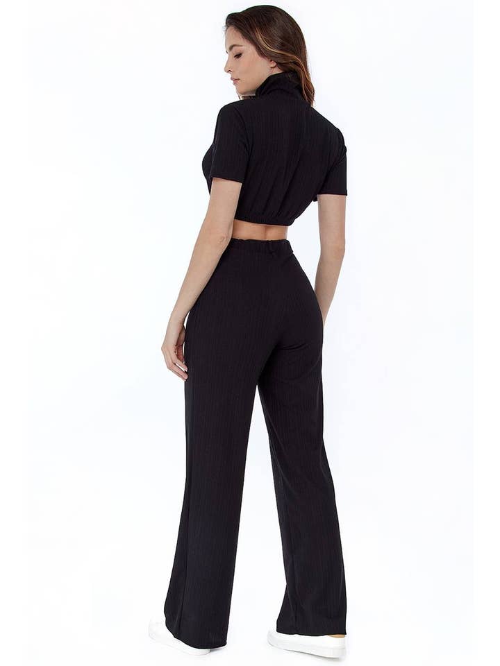 AVINCI – wholesale Top & pants set (NOT Loungewear) – Women's – Wide-Leg Trousers Co-Ord Set High Neck Short Sleeve T-Shirt7