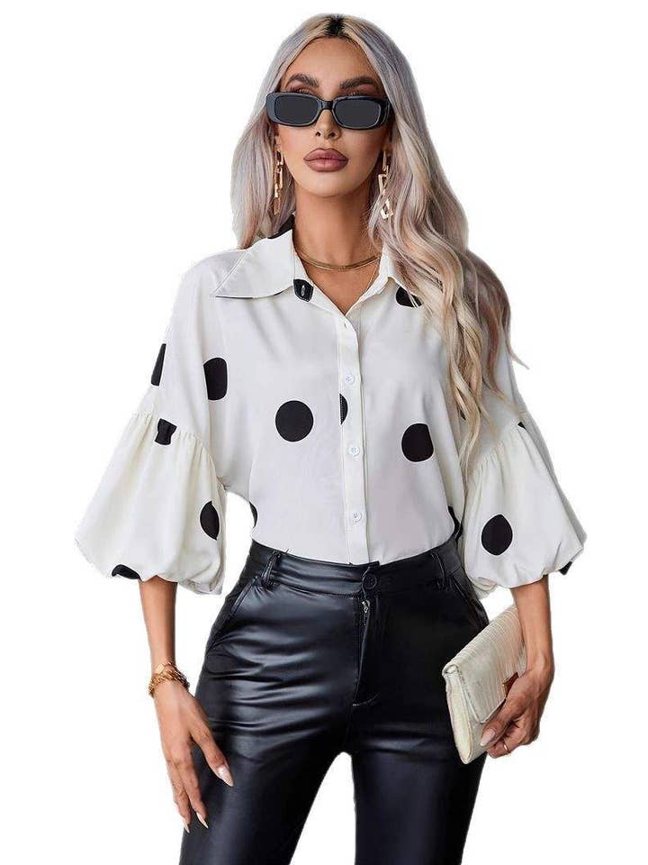 Polka Dot Puff Sleeve Button Blouse for wholesale by Flarix