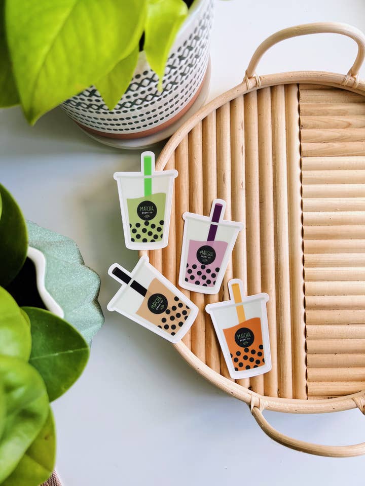 Mælk te Boba Klar Vinyl klistermærker for engroshandel hos Matcha Paper Co.