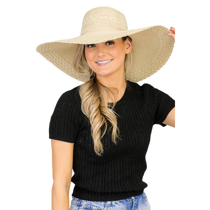 Cap Zone – wholesale Straw hat – women's – Scallop Hem Burlap Chiffon Bow Paper Straw Floppy Sun Hat1