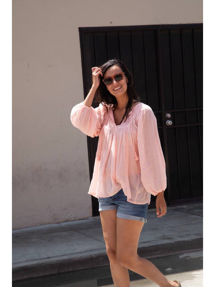 Blue Boheme β wholesale Blouse β Womenβs β Mylene Embroidered Tunic Long Sleeves Peach1