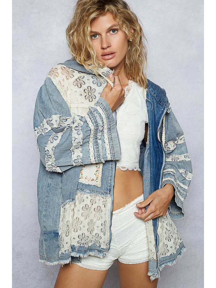 DENIM Embroidered woven crochet patch zipper jacket for wholesale on Faire