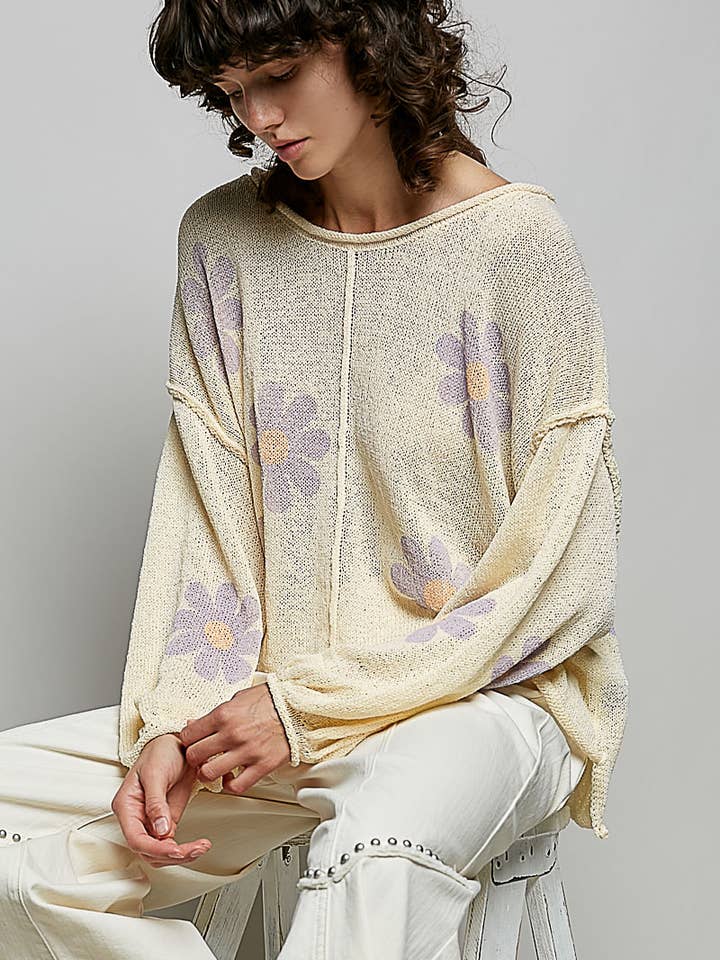 Pull fin à col rond avec manches ballon et imprimé floral EN SOLDE pour la vente par Pol Clothing