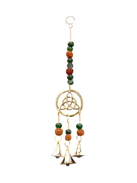 (PC)HANGING BELLS - TRIQUETRA WITH GREEN GLASS BEADS & RUDR for wholesale by Oceanic Linkways Inc