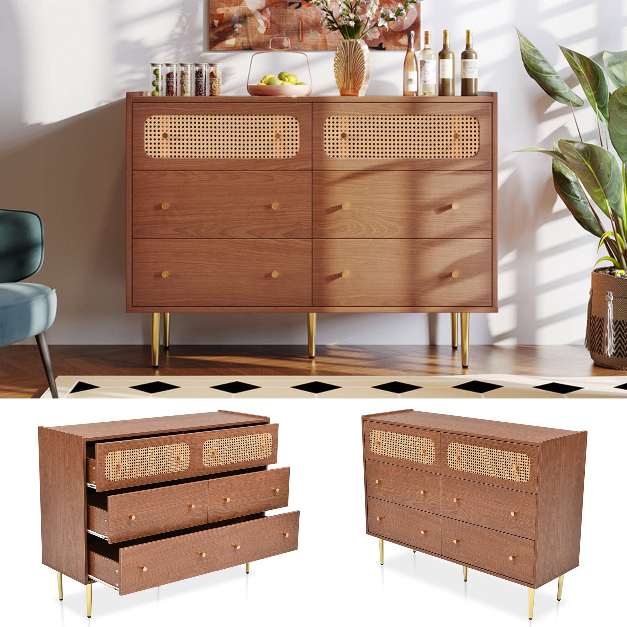 Urban Meuble - Wholesale Cabinet - Vintage sideboard with 6 rattan drawers, golden handles and legs, 120*90*40cm DELMO12