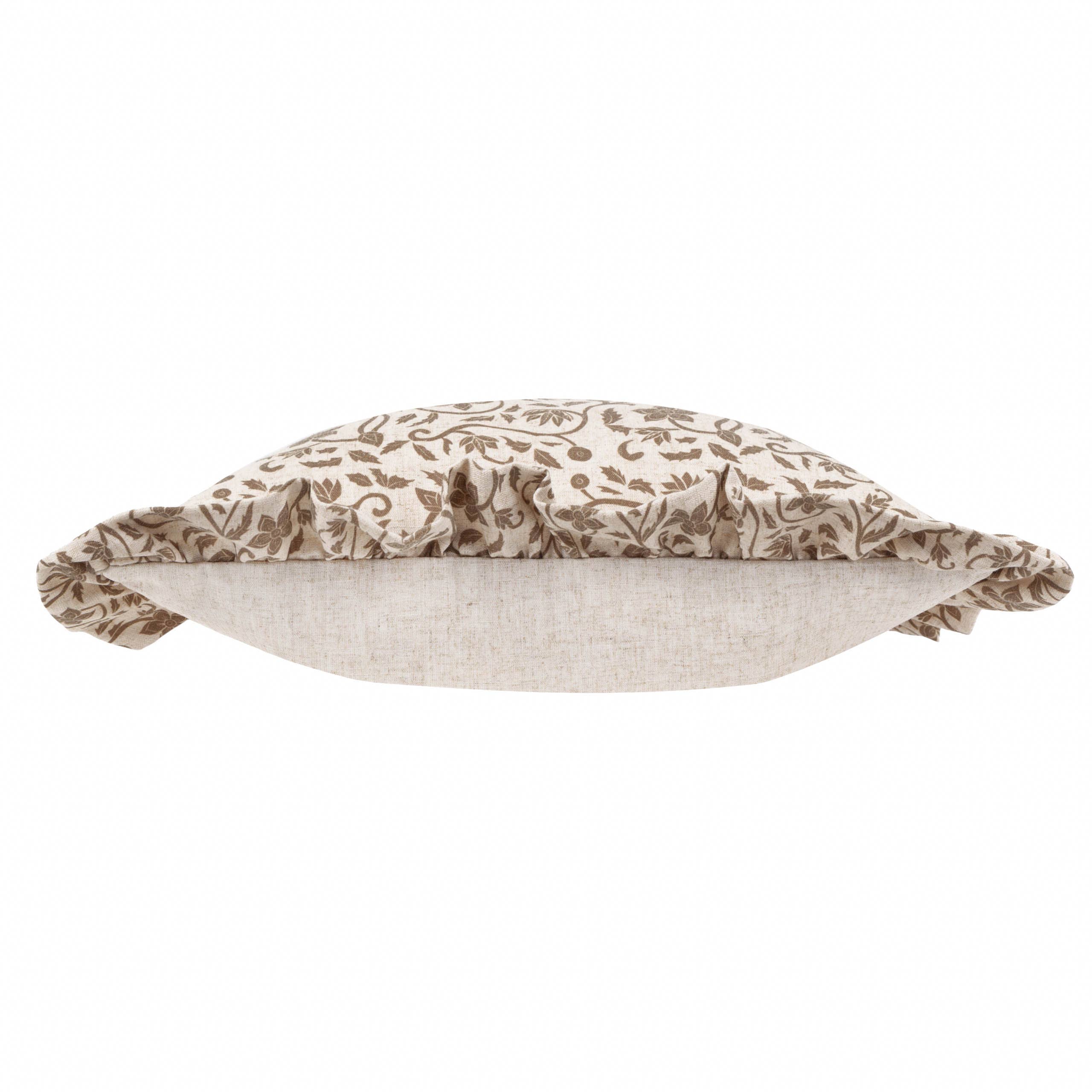 Linen Filigree Printed Ruffle Cushion Linen/Olive for wholesale on Faire3