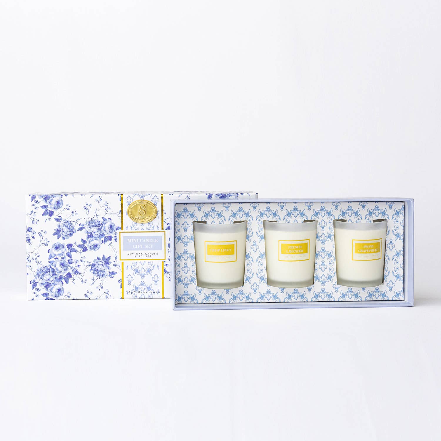 8 Oak Lane - Wholesale Votive Candle - Blue Floral 3 Piece Assorted Candle Boxed Set1