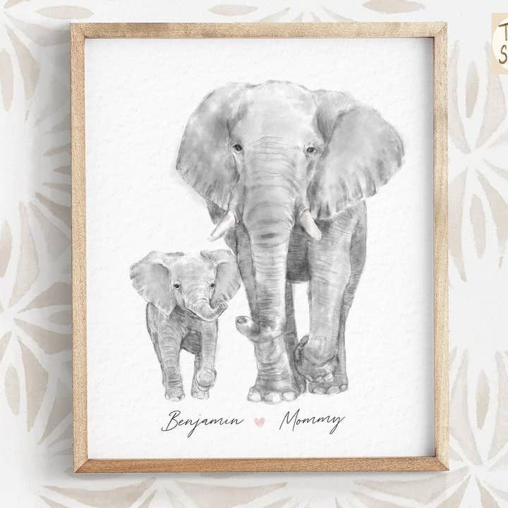 Baby Elephant and Mom Art Print, Personalized with Names, Motherhood Best Gift, Boy Neutral Safari Nursery Minimalist Wall Decor for wholesale by Triple Studio