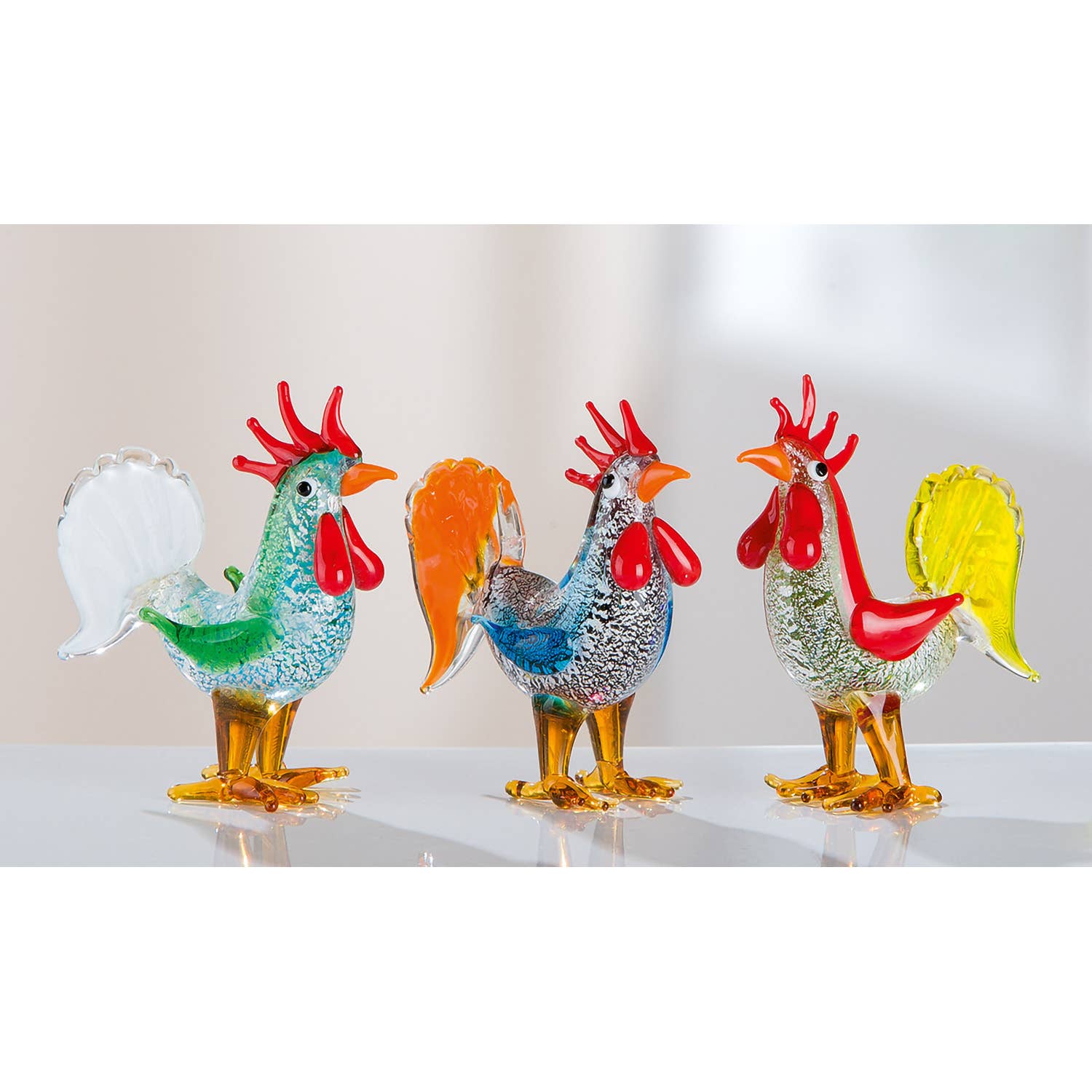 Gilde Handwerk Macrander GmbH & Co. KG - Vente Figurine décorative - Figurine en verre coq Hector H. 7,5 cm - Lot de 3 assortis1