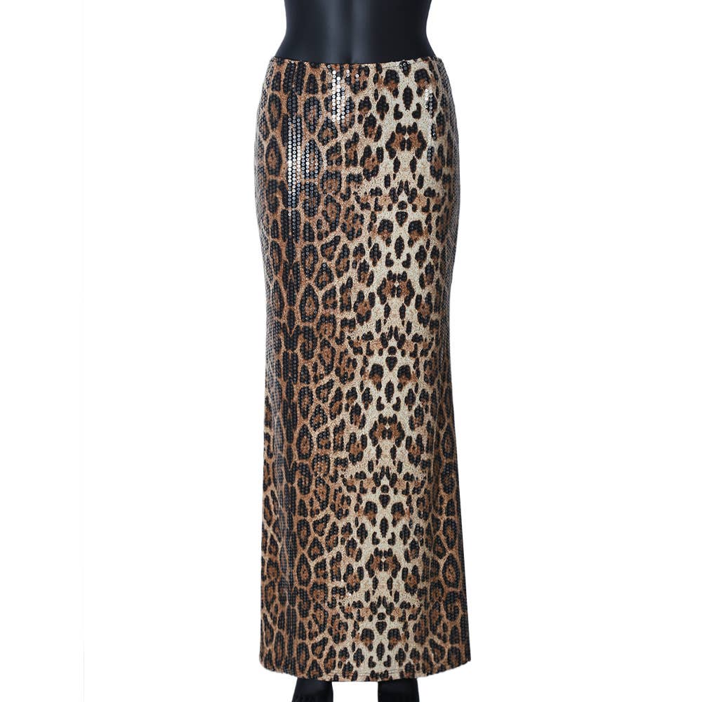 HIDDENBRAND - Wholesale Skirt - Women's - Stretch maxi party sequin leopard skirt0