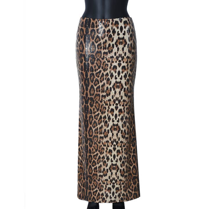 HIDDENBRAND - Wholesale Skirt - Women's - Stretch maxi party sequin leopard skirt