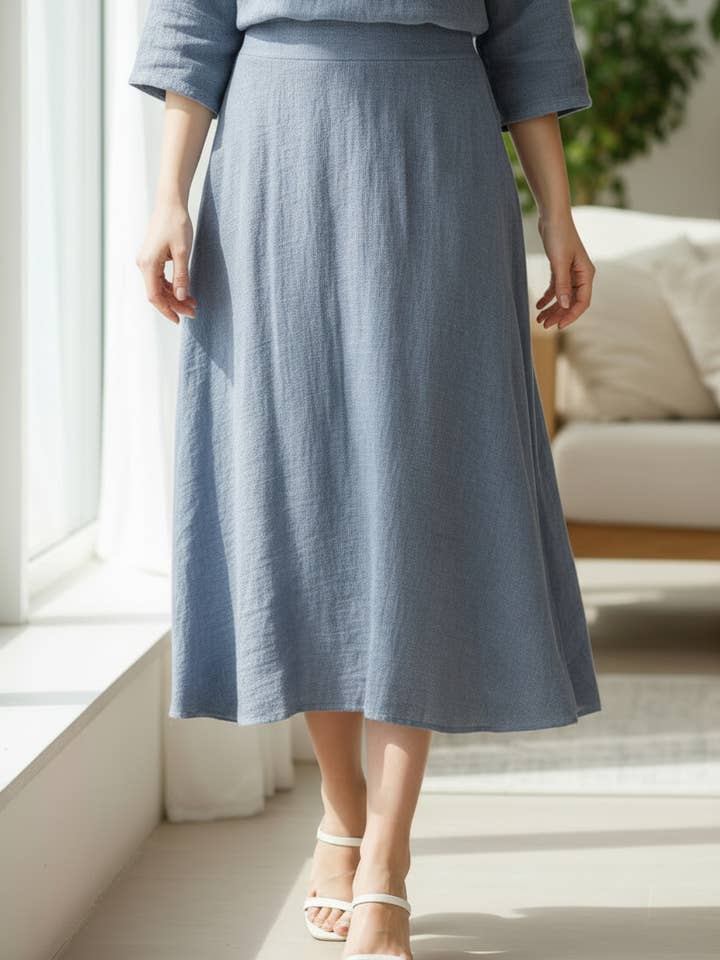 Lang bomuld-lin nederdel med lommer 24181 for engroshandel hos Shyloh