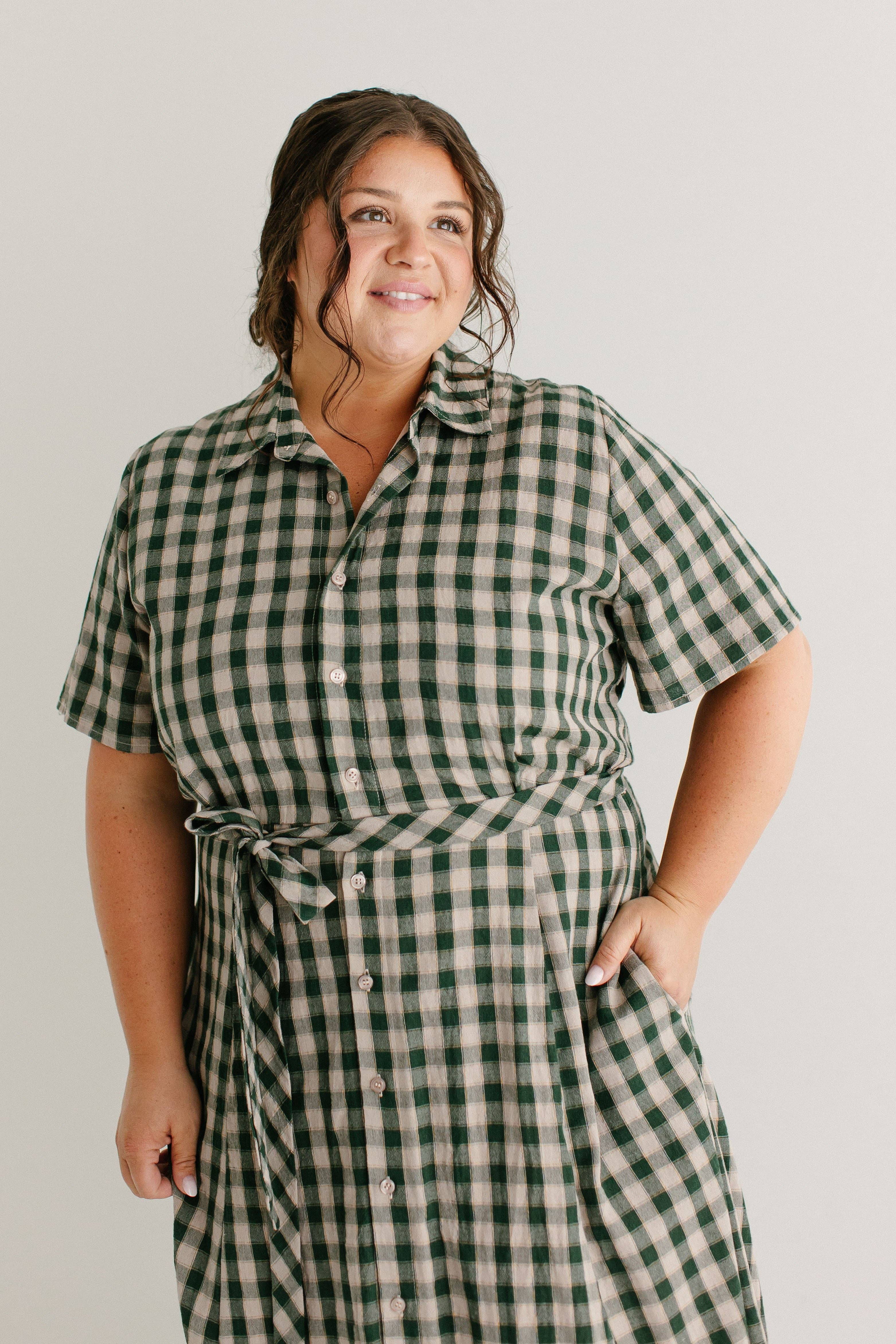Light Tan 'Mae' Green Gingham A-Line Cotton Shirtdress FINAL SALE for wholesale on Faire9