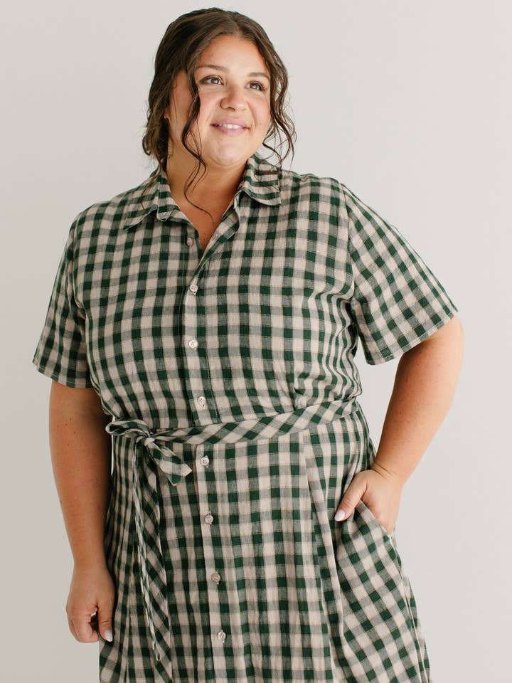 Light Tan 'Mae' Green Gingham A-Line Cotton Shirtdress FINAL SALE for wholesale on Faire9