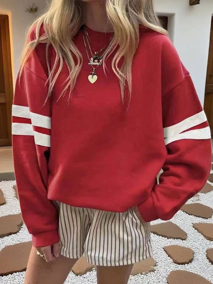 Varsity Stripe Color Block Drop Shoulder Sweatshirt for wholesale by Rosa Clothing