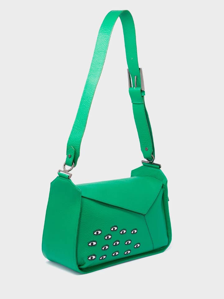 Houston Irish Green Leather Shoulder Bag - All Over Eyes Embroidery for wholesale by Min & Mon