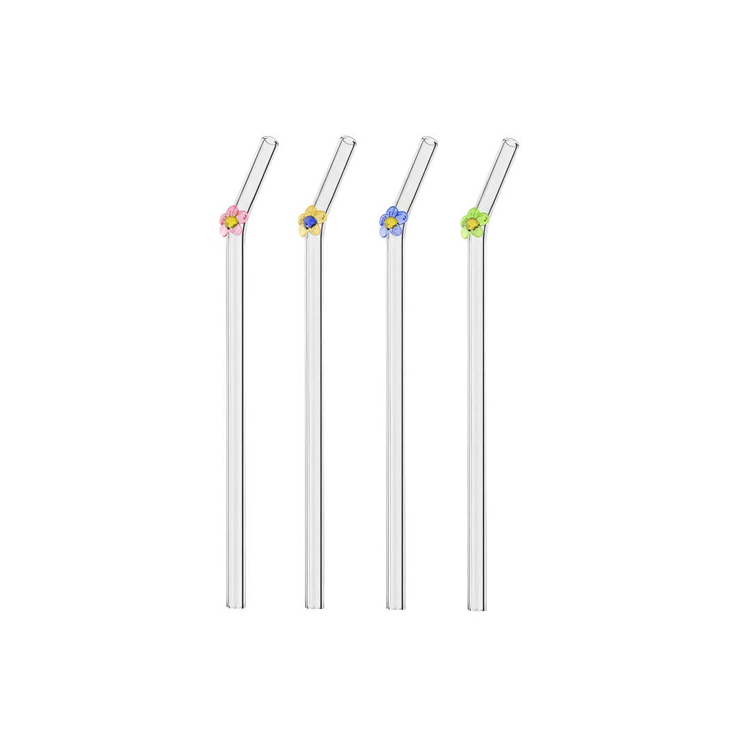 TUTU Home - Vendita all'ingrosso Cannuccia - Set di 4 cannucce in vetro "Papillon" con piccolo fiore in 4 colori0
