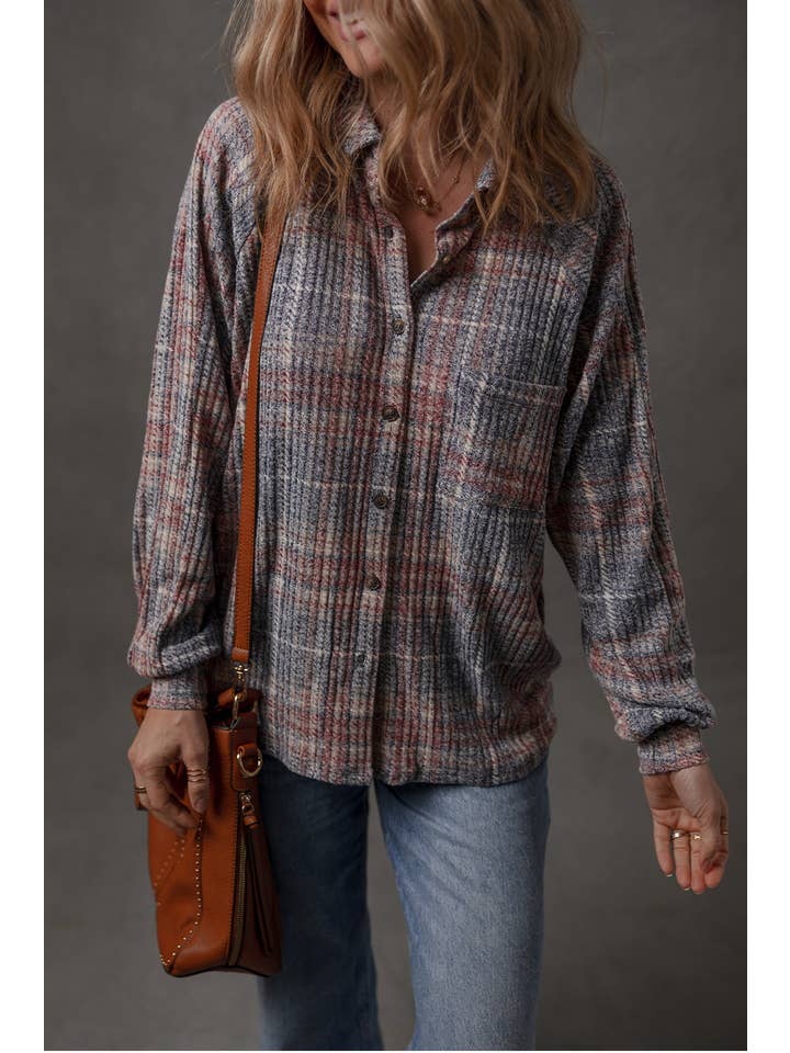Multicolour LDC Plaid Textured Chest Pocket Vintage Shirt for wholesale on Faire3