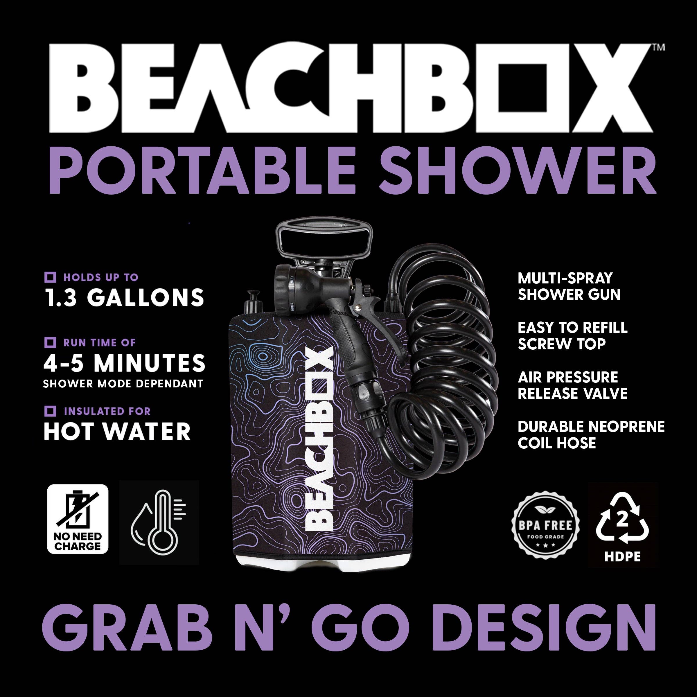 BeachBox - Vente Accessoire de plage - Réservoir de Douche Portable BeachBox - 'Élévation'1
