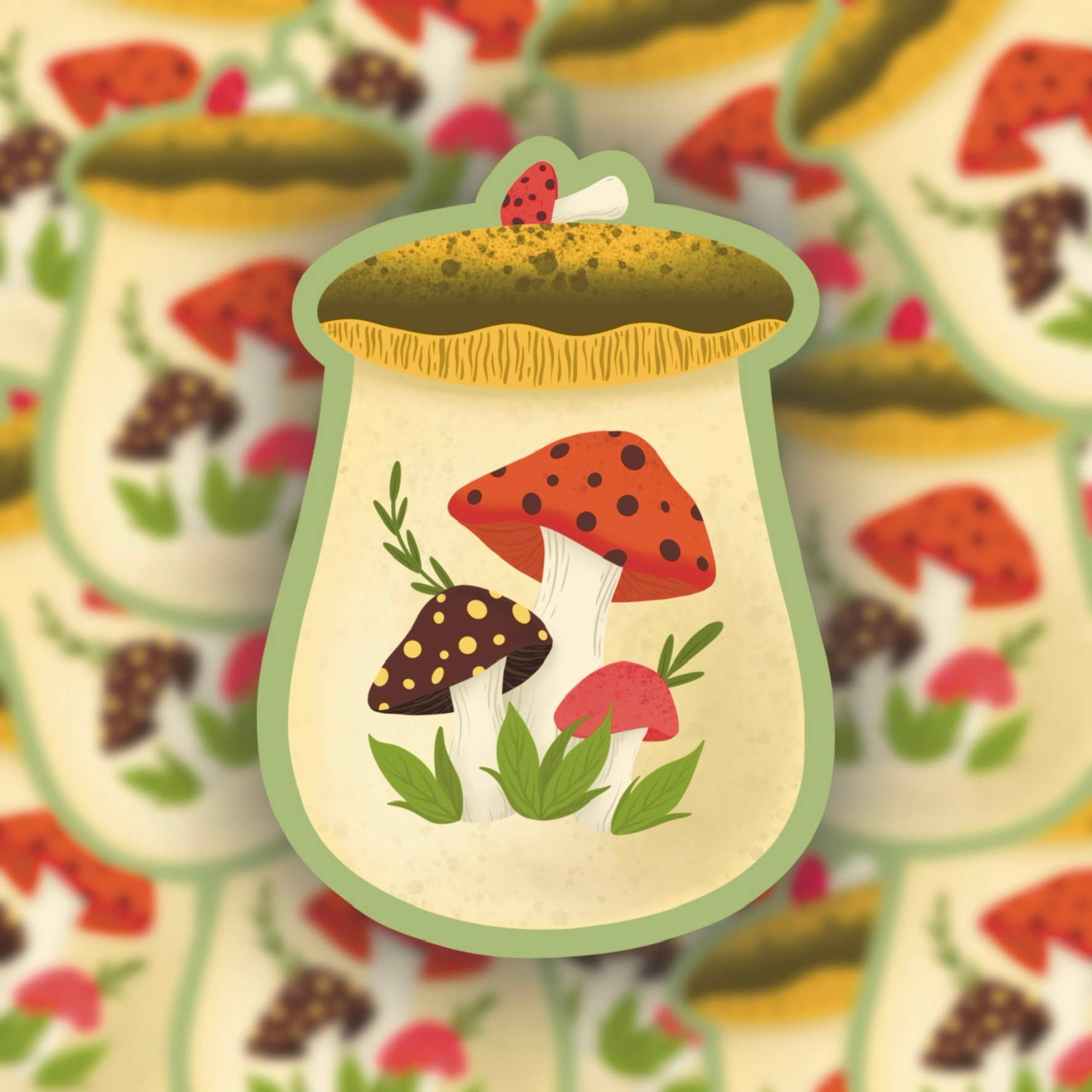 Sage and Virgo - Wholesale Sticker - Vintage Happy Mushroom Canister, vinyl sticker1