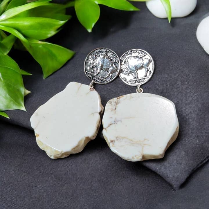 White Howlite Rock Slab With Buffalo Nickel Coin Fashion Earrings for wholesale on Faire
