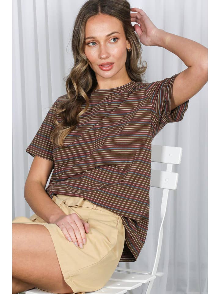 Vine & Love - Vendita all'ingrosso Maglietta - Donna - Top girocollo in cotone a maniche corte a righe multiple VT81439A22