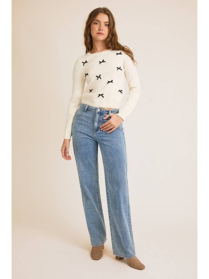 CREAM ROUND NECK LONG SLEEVE BOWS ON FRONT SWEATER for wholesale on Faire