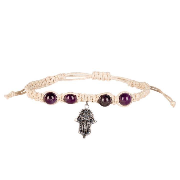 Benjamin International - Wholesale Charm/Dangle Bracelet - HAMSA CHARM HEMP BRACELET WITH AMETHYST BEADS1