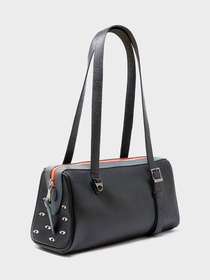 Esther Black Satchel Mini Bag - All Over Eyes Embroidery for wholesale by Min & Mon