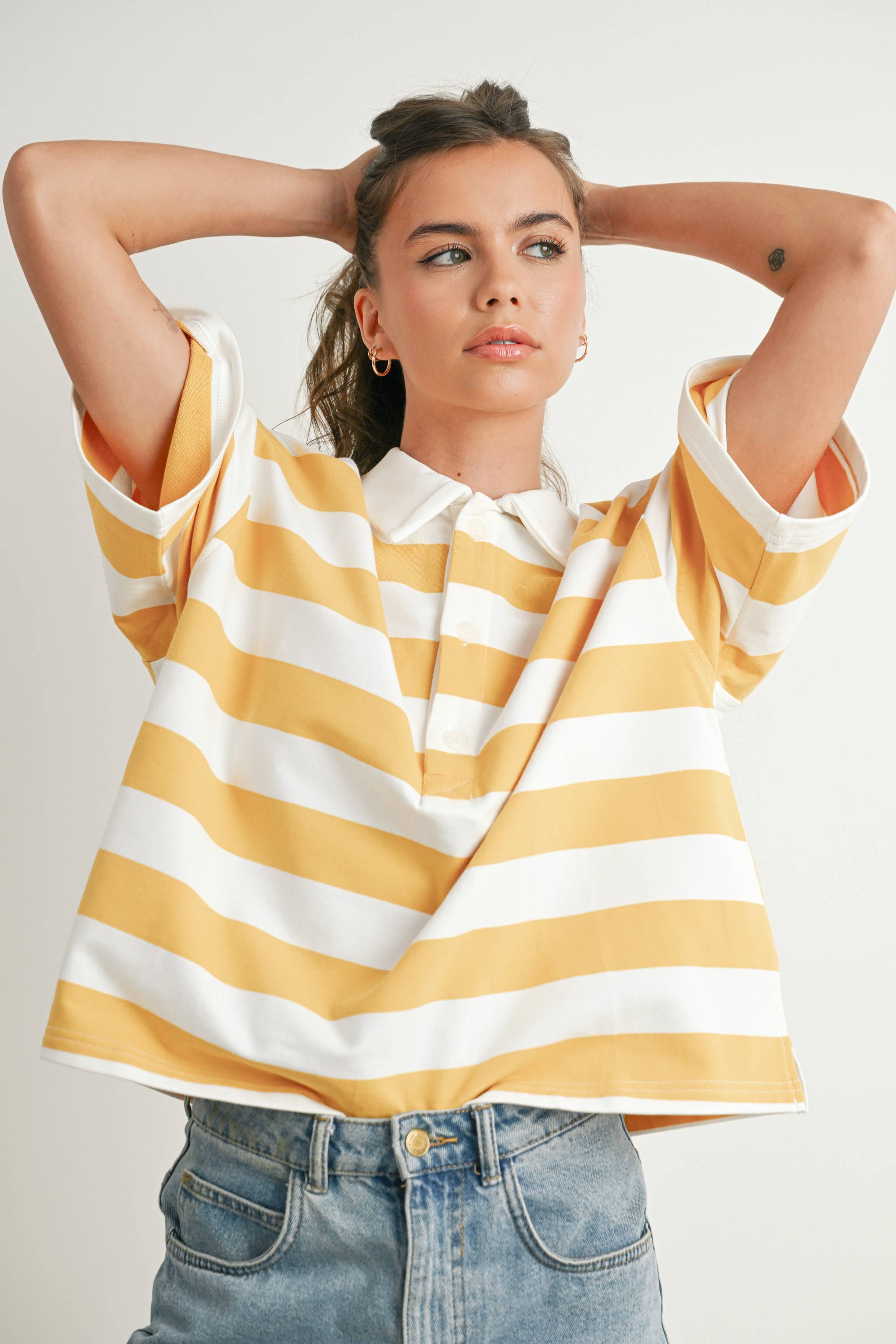 BUTTERMELON - Wholesale Polo - Women's - Striped Oversized Polo Shirt - BMT771016