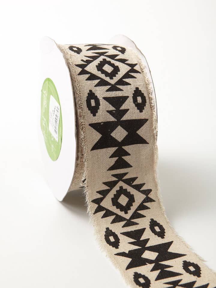 2.5" Graphic Southwestern Print Frayed Cotton Linen Ribbon for wholesale by May Arts Ribbon