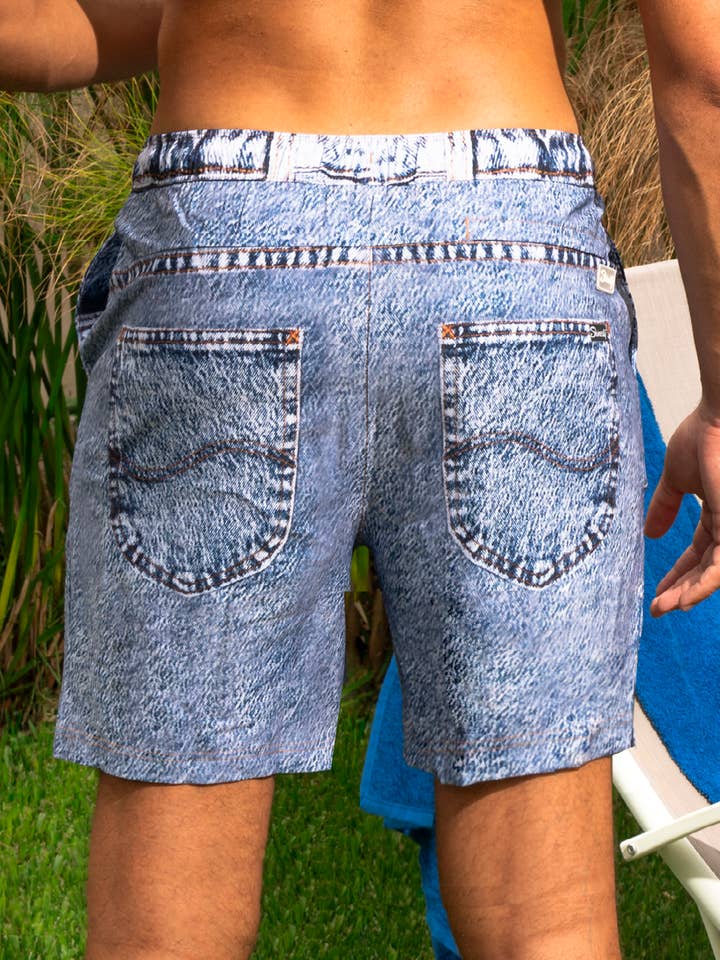 Shinesty, Inc - Wholesale Swim Bottoms - Men's - Jackson Jort | Denim USA Ball Hammock® Pouch 8" Swim Trunks