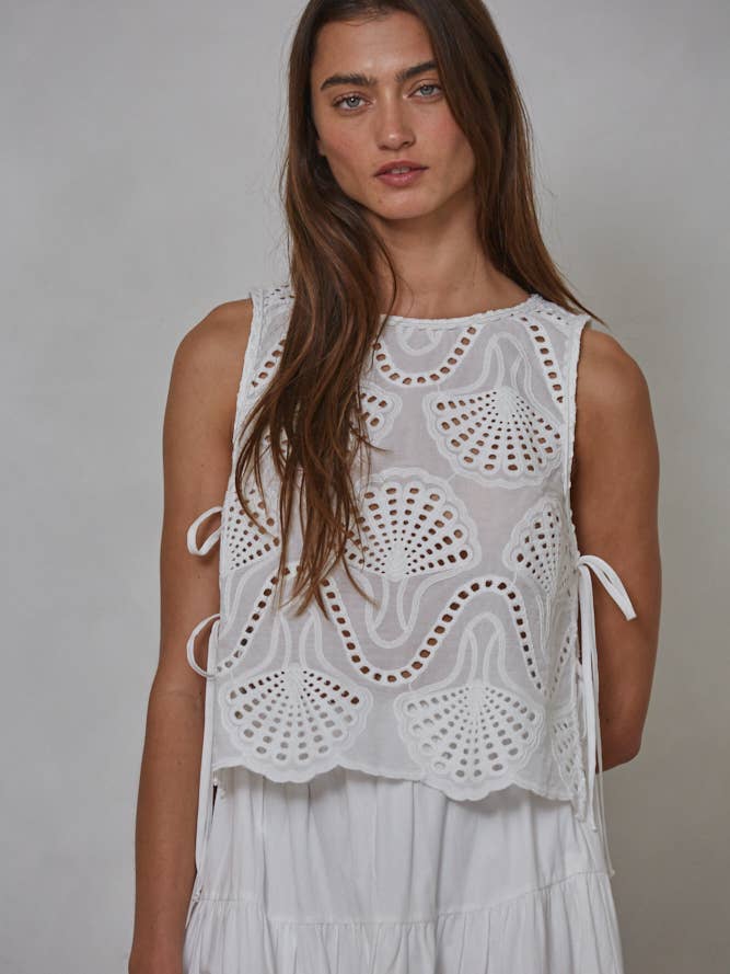 L8290 | Woven Cotton Eyelet Round Neck Sleeveless Top for wholesale by By Together
