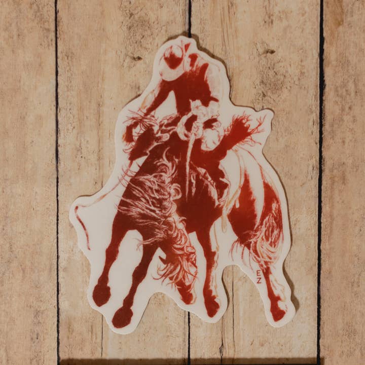 Cowboy and Bucking Bronc in Red Sticker for wholesale by Western Rose Studios
